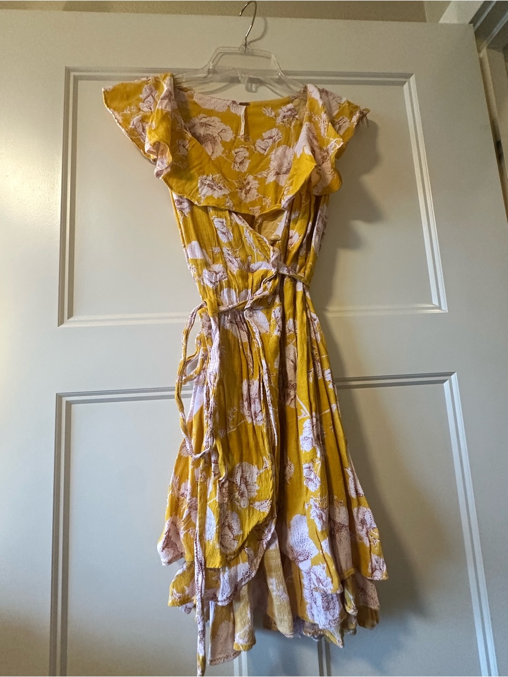 Free People Yellow Floral High-Low Wrap Dress with Ruffle Trim